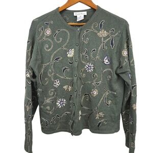 Robert Scott Floral Embroidered Linen Cotton Cardigan Sweater XL Cottage Grandma